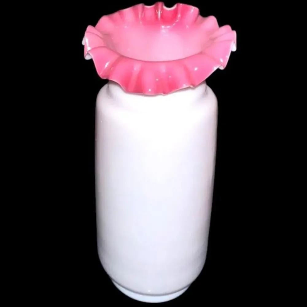 Antique Victorian Milk Glass Peach Blow Ruffle Edge Vase